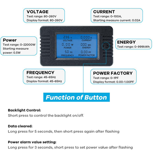AC 80-260V 100A LCD Digital Display Multi-Function Power Monitor, Ammeter Voltmeter with Split Core Transformer