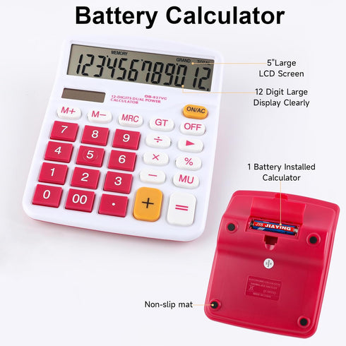Meichoon Desktop Calculator 12 Digit Large LCD Display, Solar Battery Dual Power, Red, for Office/Home/School KA08