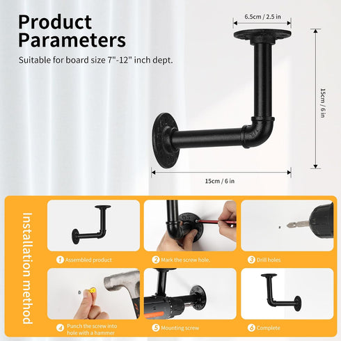 1/2" (2, 6*6"(15*15cm)) Pipe Shelf BracketWall Mounted Floating Shelf Bracket, Steam Punk Decor Hanging Wall Metal