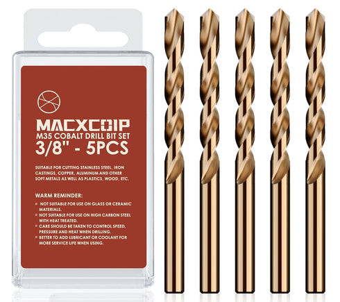 3/8" Cobalt Drill Bit Set (5pcs), M35 High Speed Steel Jobber Length Kit for Metal, Wood, and Plastic with Case
