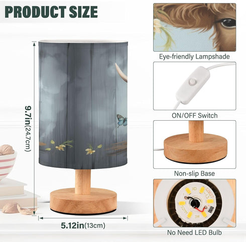 panksolu Highland Cow Baby Bedside Table Lamp with USB Port Nightstand Lamps Night Light Linen Fabric Shade Cylinder