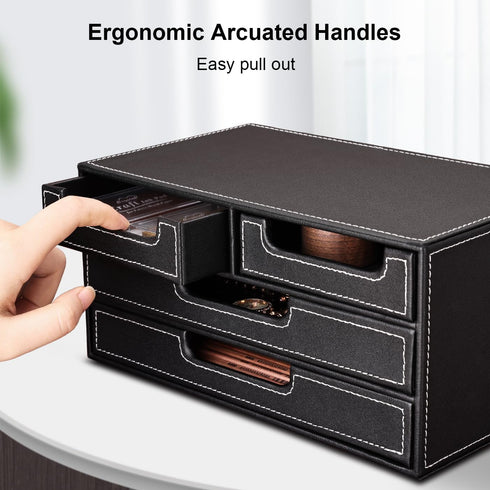 KINGFOM PU Leather Desk Organizer with 4 Drawers, Small Desktop Organizer for Office Supplies