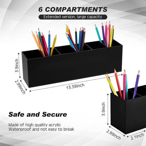 Jetec Acrylic Pencil Holder 6 Compartments Pen Holder Stationery Organizer Makeup Storage Box for Desk Accessories, Cosmetic Brushes, Office, Dorm, Bathroom, Kitchen Supplies (Black) by Jetec