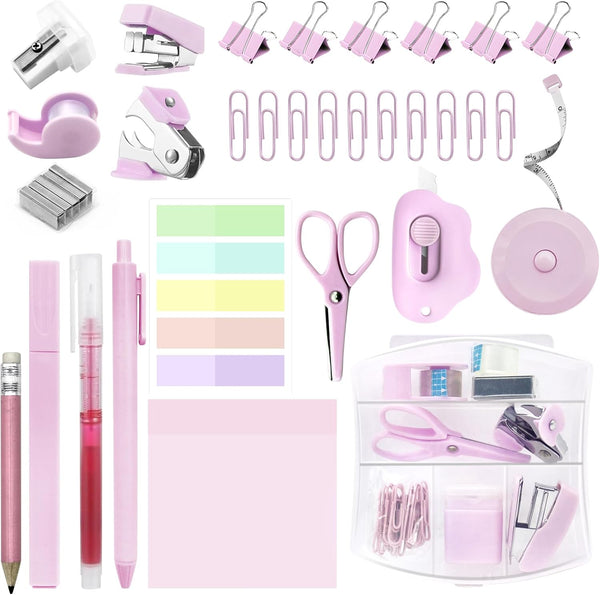 Mini Office Supply Kit, Pink Mini Stapler with Staples and Tape Dispenser Set, Sticky Notes, Highlighters, Gel Pens