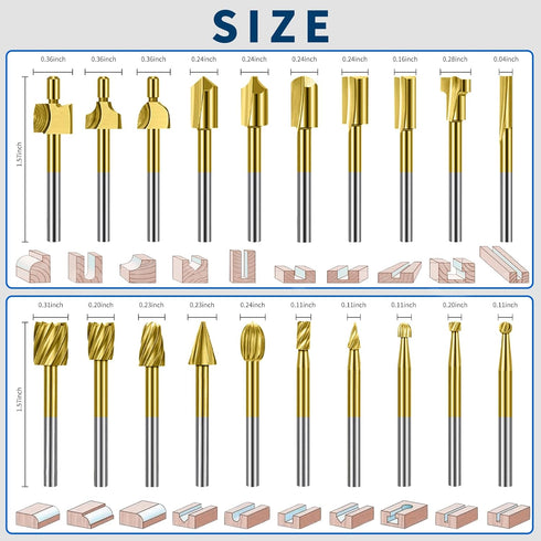 Lukcase 20pcs Set 1/8" Trimming, 2 Wood Carving Bits Titanium Coated Engraving Router Bit, HSS Rotary Burr with Shank