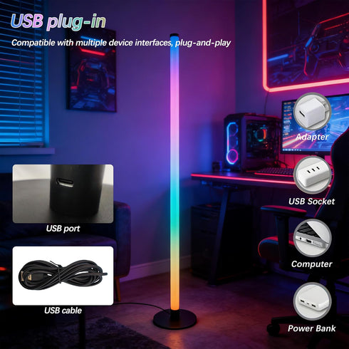ZIRIKEDAI RGB LED Corner Floor Lamp USB Powered with App and Remote Control Music Sync Ideal for Living Room Bedroom