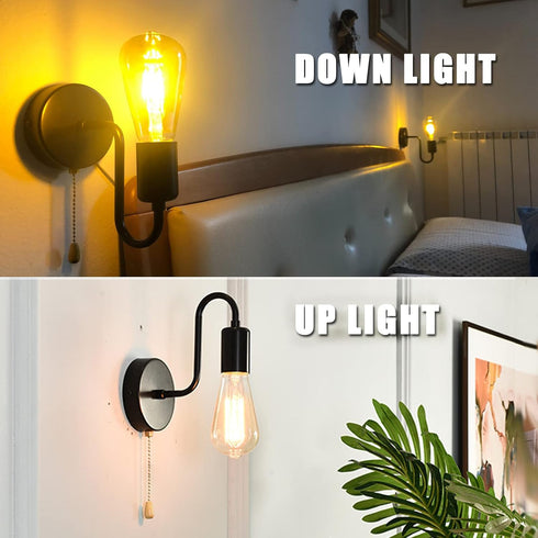 Set 2 E26 Vintage Pull Chain Wall Light Fixtures of Hardwired Wall Sconces with ON Off Switch Retro Black Metal Indoor