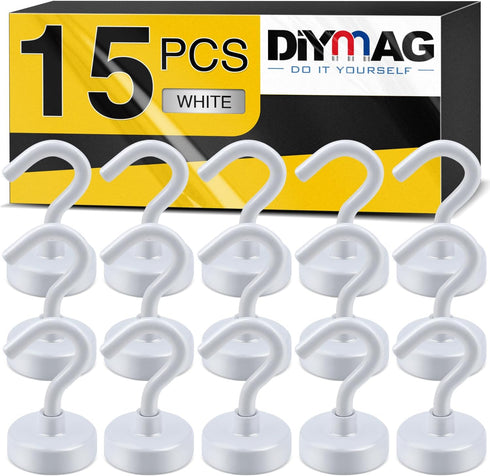 DIYMAG Magnetic Hooks, 25Lbs Heavy Duty S-Hooks for Classroom, Fridge, Kitchen, Garage, Office (15 Pack-White)