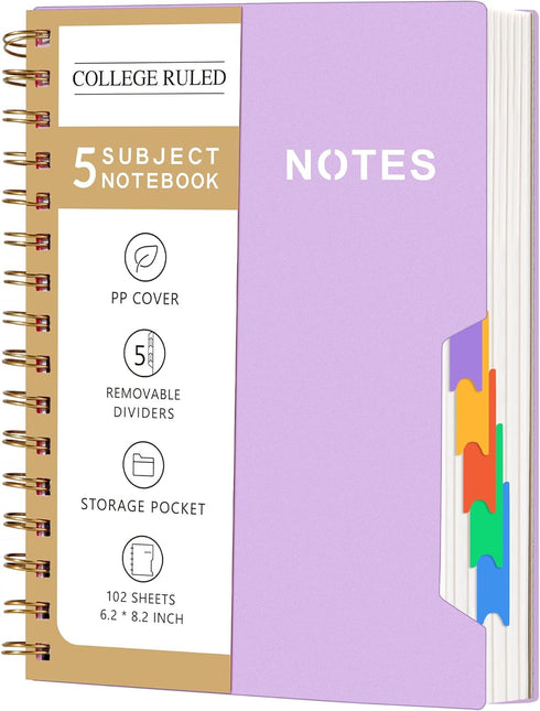 CAGIE 5 Subject Notebook, College Ruled 6'' x 8'' Hardcover Spiral Notebook with 5 Removable Colored Dividers, Purple