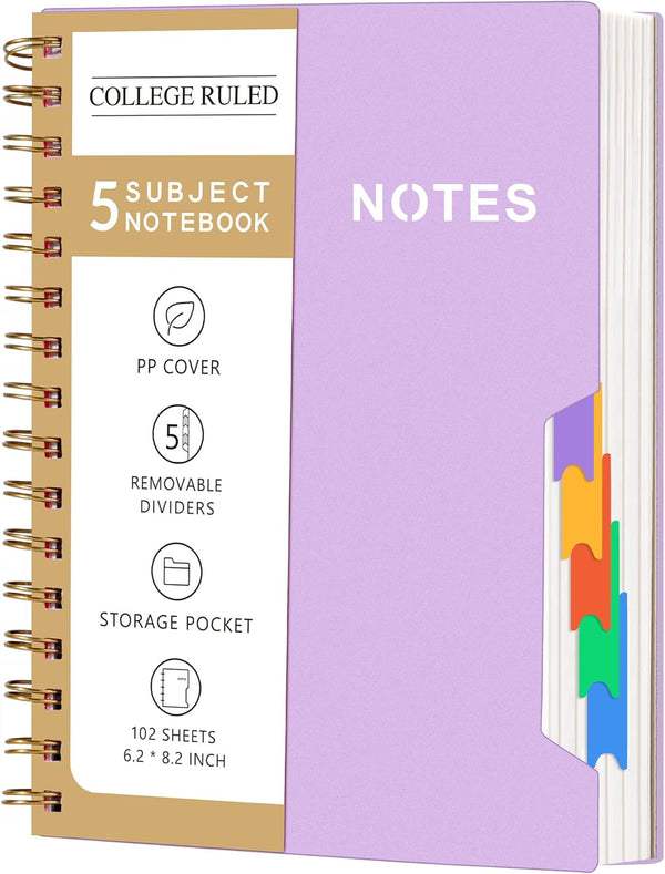 CAGIE 5 Subject Notebook, College Ruled 6'' x 8'' Hardcover Spiral Notebook with 5 Removable Colored Dividers, Purple