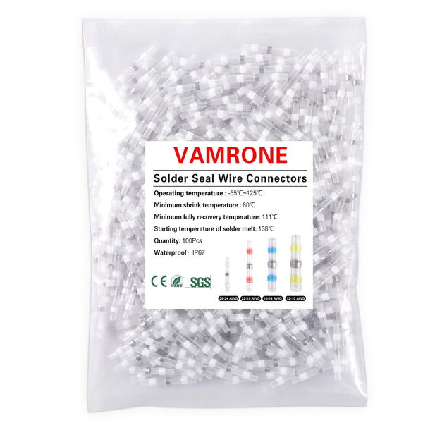100PCS Waterproof Solder Seal Wire Connectors AWG 26-24, White Heat Shrink Butt Terminals for Marine Boat Wire