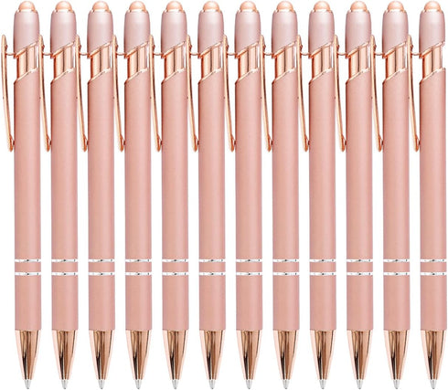 PASISIBICK 12 Pieces Rose Gold Ballpoint Pen with Stylus Tip, 2 in 1 Stylish Metal Pens for Touch Screens, 1.0 mm Black