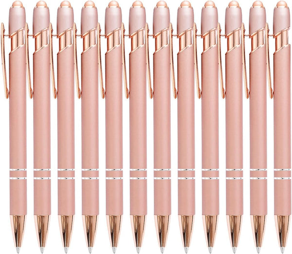 PASISIBICK 12 Pieces Rose Gold Ballpoint Pen with Stylus Tip, 2 in 1 Stylish Metal Pens for Touch Screens, 1.0 mm Black