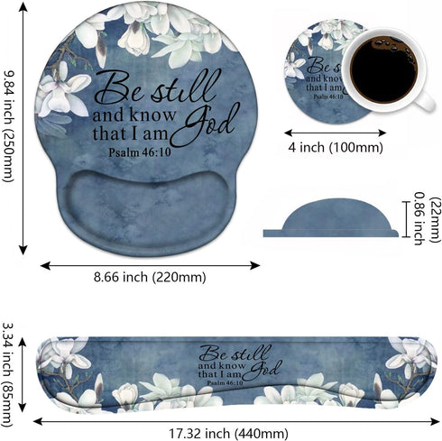 Keyboard Wrist Rest and Mouse Pad Support Set with Coasters, Christian Bible Verse Psalm 46:10, Non-Slip PU Base
