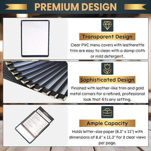 25 Pack 8.5 11 Inch (1 2 x Menu Covers, Various Style Menu Sleeves Clear View Menu Holder for Kitchen, Restaurant