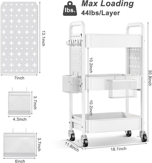 Rcemlip 3 Tier Rolling Cart Metal with DIY Pegboard, White Utility Cart with Lockable Wheels, Three Tiered Craft Cart