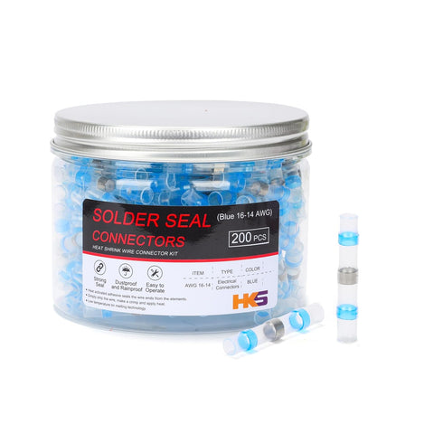 HKS 200 PCS Solder Seal Wire Connectors - Blue 16-14 AWG Heat Shrink Solder Butt Connectors for Marine
