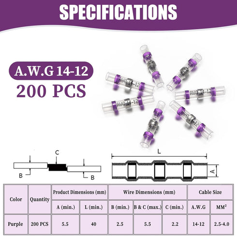 200PCS Purple Solder Seal Wire Connectors, 14-12 AWG Marine Grade Self Soldering Heat Shrink Waterproof Terminals