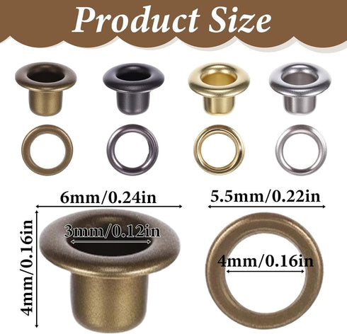Neyauo 240 Grommet 1/4 Inch (3mm Set, 240 Grommets Pcs Tool Kit, Inside) Metal Eyelet PCS Gold/Silver/Copper/Black