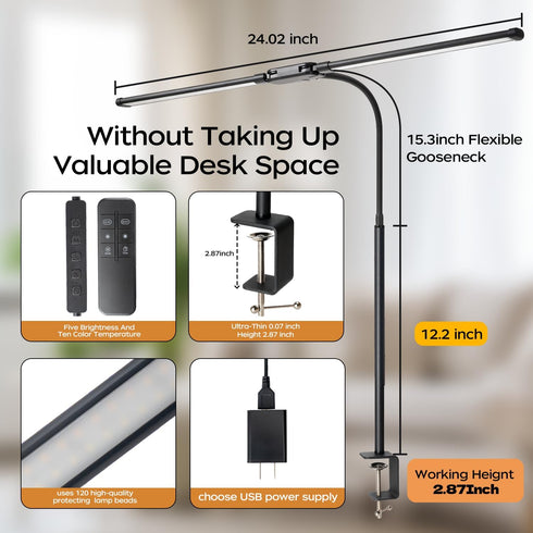 fuaoddda 10 5 LED Desk Lamp with Clamp, Double Head Adjustable Architect Light, Eye-Caring Monitor Desk Lamp for Home