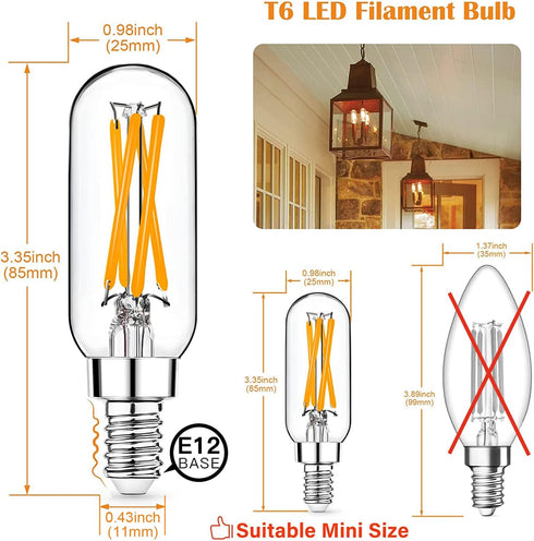 12 Pack Mlambert Dimmable T6 LED Bulbs, 4W (40W Equivalent), Clear E12 Edison Bulbs for Chandeliers
