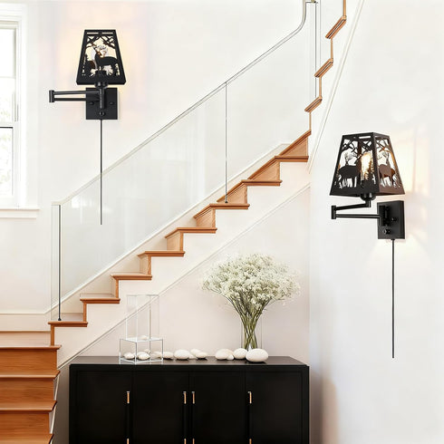 Dimmable Dimmer Rustic Plug in Deer Wall Sconces, Swing Arm Wall Lamp with Plug in Cord and On/Off Rotary Switch