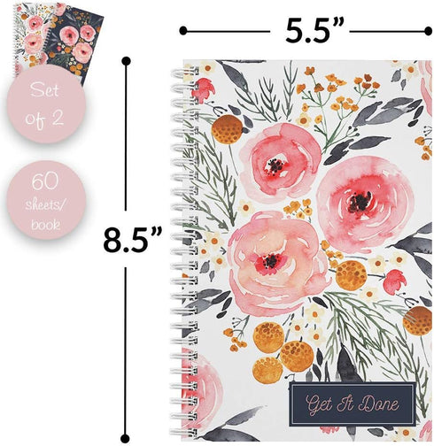 Mountain Floral 2-Pack Spiral Notebook Set, 120 College Ruled and Checklist Paper, 5.5" x 8.5"