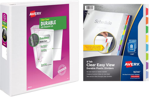 Avery Durable View 3 Ring Binder with 3 Inch Rings, 8 Tab Durable Plastic Binder Dividers, Office Supplies Set