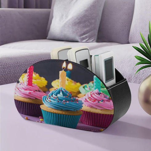 JTREHY 5 Colorful Happy Birthday Cupcakes Remote Control Holder Compartments Remote Caddy Tray PU Leather TV Remoter