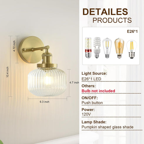 1 Pack Vintage Wall Sconces with Clear Pumpkin Glass Lampshade, Indoor Bathroom Wall Sconce, Modern Gold Industrial