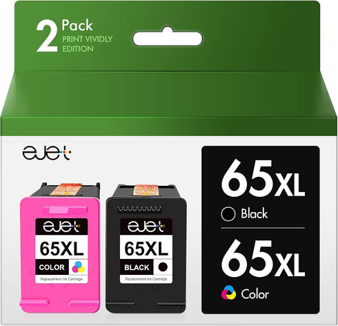 ejet Remanufactured Ink Cartridge Replacement for HP 65, 65XL, 1 Black, 1 Tri-Color for DeskJet Printers