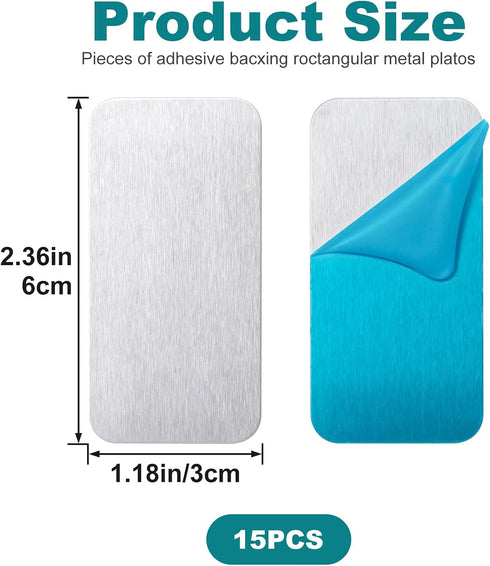 15 Pack 2.3x1.1in (0.02 Silver Metal Strips for Magnets, Rectangular Adhesive Metal Plates for Phone Magnet, Magnetic
