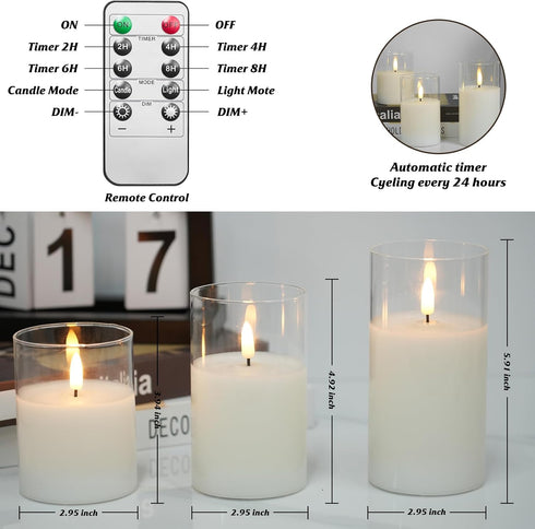 3Pack Flameless Candle in Glass, Flashing LED Pillar Real Wax Fake Candle with Remote Control and Timer, Battery
