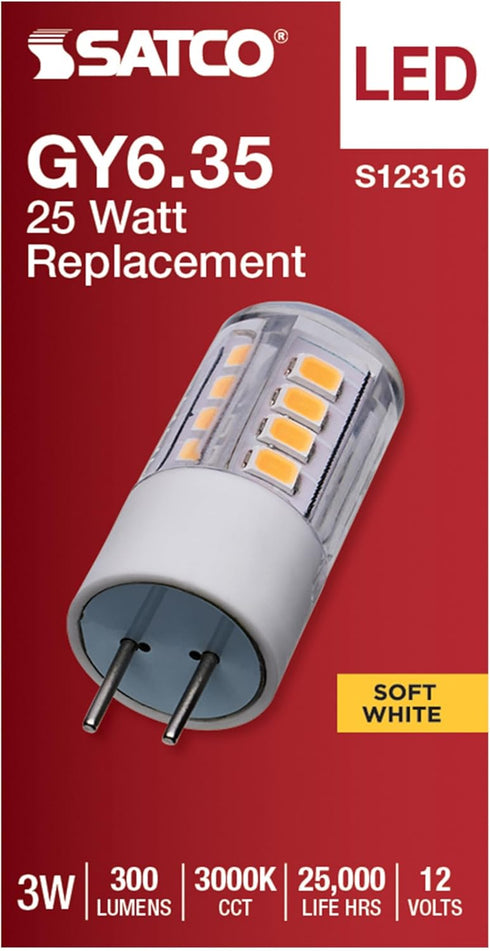 S12316 T5 GY6.35 12V 3000K, SATCO LED Bi-Pin Base Lamp, Low Voltage Halogen Replacement, Clear