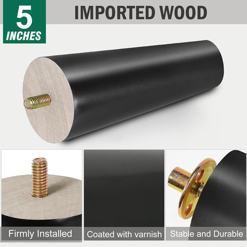 FoDau770 5 Inches, Set 4, 5/16" Black Rubber Wood Furniture Legs Straight Tapered Wood Feet Mid Century Sofa Legs