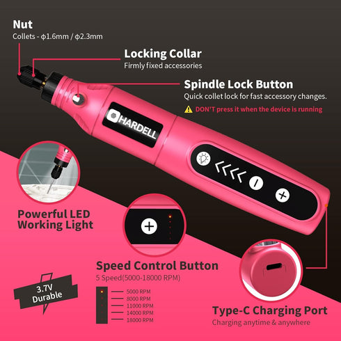 HARDELL Mini Cordless Rotary Tool, 5-Speed 3.7V rechargeable Kit with 61 Accessories, USB Charging Multi-Purpose Power Tool for Sanding, Polishing, Drilling, Etching, Engraving, DIY Crafts by HARDELL