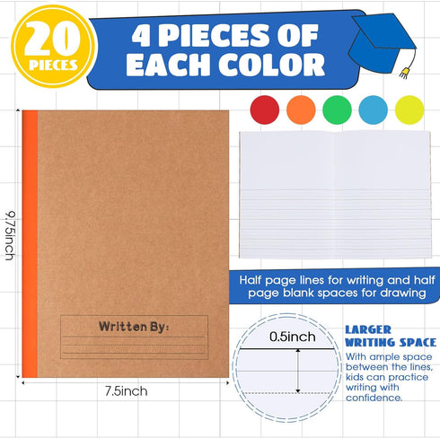 Henoyso 20 Pcs Primary Composition Notebook for Kids - 9.75 x 7.5 Inch, 60 Pages, Bright Color