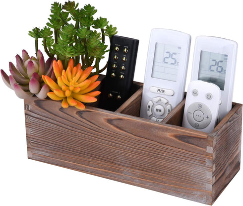 WuGeShop Wood Remote Control Holder - 4 Compartments Rustic Wooden Table Caddy for TV Remote, Phones, Stationery,