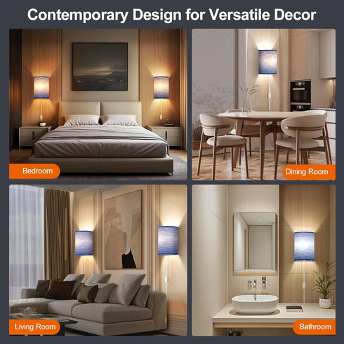 Set Plug in Wall Sconces of Two: Wall Lights with On/Off Switch - Stepless Color Temperature Wall Mount Lamps - Fabric
