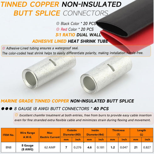 8 Gauge Non-Insulated Butt Connectors 40 PCS Butt Splice Connectors 8 AWG Marine Grade Tinned Copper Butt Splice Terminals 8mm² Seamless Uninsulated Butt Connectors with 40 PCS 3:1 Heat Shrink