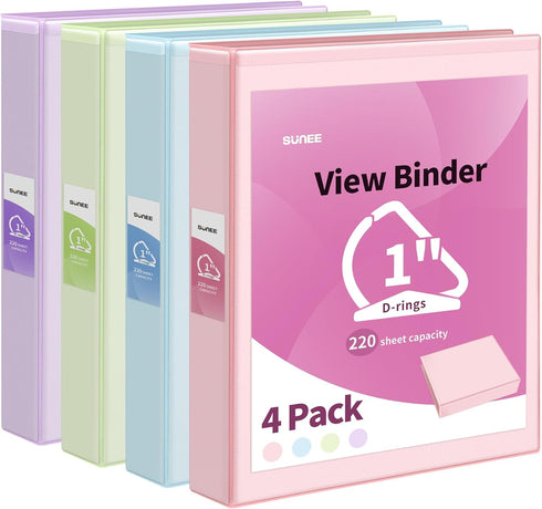 SUNEE 1 Inch 3 Ring Binder, Clear View, PVC-Free, Fits 8.5x11 Inches, Assorted Pastel, 4 Pack for School or Office