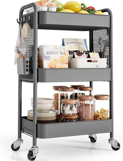 TOOLF 3 Tier Rolling Utility Cart with Wheels, Metal Storage Organizer for Bathroom and Kitchen