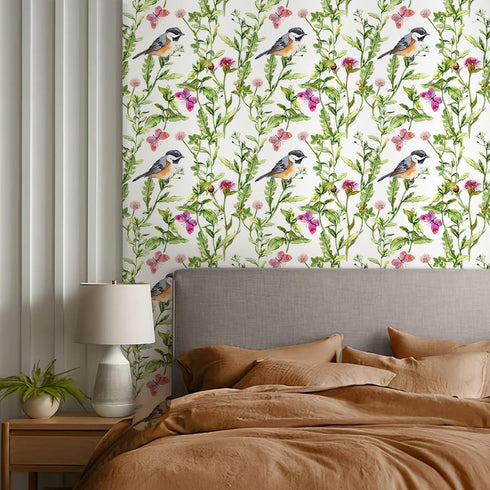 REDAMANCY Watercolor Meadow Green Grass Leaf Flowers Plants Birds Purple Butterfly Peel and Stick Wallpaper Stick on
