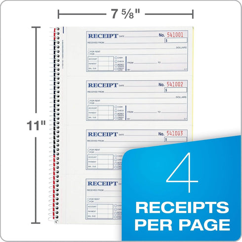 Adams 2-Part 7-5/8" 11", 200 Sets 4 (SC1182), Money and Rent Receipt Book, Carbonless, x Spiral Bound, per Book