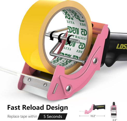 Rapid-Replace Packing Tape Dispenser Gun with Tape and Extra Blade, 2IN(50mm) Lightweight Ergonomic Industrial Handheld Heavy Duty Tape Cutter for Carton, Packaging and Box Sealing, Pink by LDS Industry