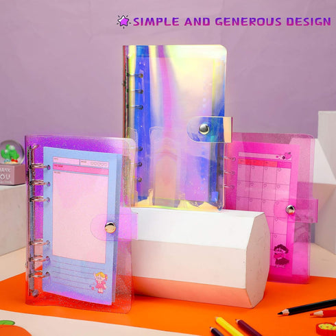 Outus 3 Pieces Clear A6 Binders, Colorful Soft PVC 6-Ring Binder Covers for Office and Budget Planner (Rainbow, Purple,
