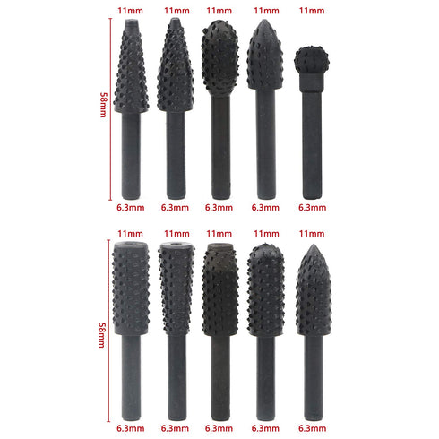 10pcs Rotary Rasp Set, 6.3mm(1/4 Inch) Shank, Woodworking Twist Drill Bits, Electrical Tools, Grinding Head