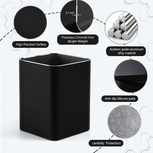 Metal Pen Holder for Desk Square Aluminum Desktop Organizer and Makeup Brush Holder Storage Box for Office, School, Home, and Kids, Non-slip silicone 4×3.15inch (Black) by RQB