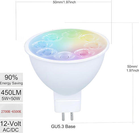 MR16 GU5.3 Bulb,GU5.3 Bulbs,Dimmable Bulbs,12Volt Gu5.3 Bulbs Assistant,16Million Smart LED Light Color Changing Light