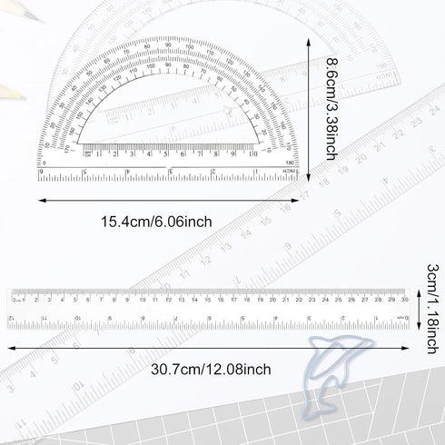 Protractor and Ruler Set, 2 Packs, 12 Inch Clear Ruler for School, Angle Finder, Office Supplies